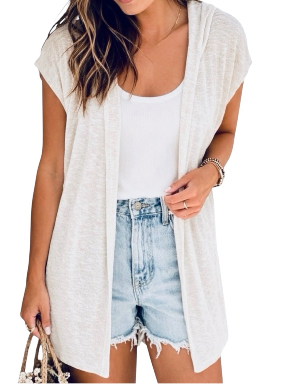 Closet Space Hooded Open Cardigan Duster M | Lightweight Slub Knit Boho Coastal